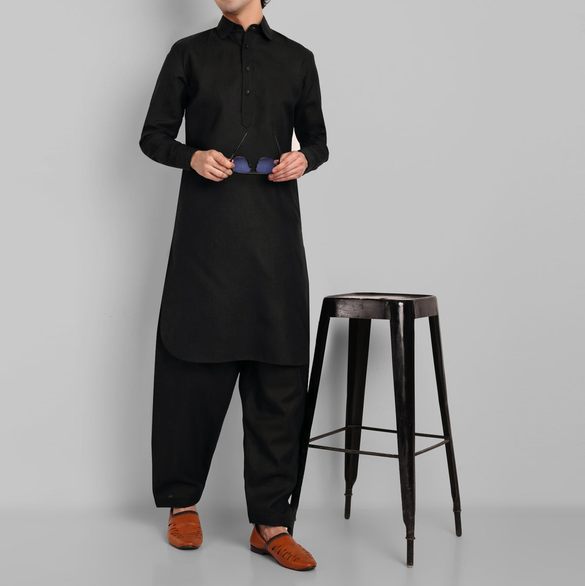 Black Cotton-Linen Pathani Suit for Men