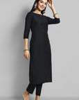 Black Boat Neck Key hole Cotton silk kurta