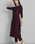 Burgundy Boat Neck Kurta with Elasticated Pant