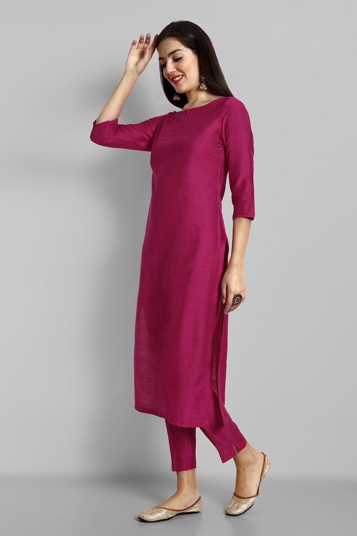 Hot Pink Boat Neck Kurta with Elasticated Pant - Set of 2