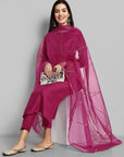 Hot Pink key hole boat neck kurta paired with elasticated pants and an organza dupatta - a stylish set of three for a sophisticated and coordinated look