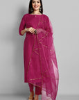 Hot Pink key hole boat neck kurta paired with elasticated pants and an organza dupatta - a stylish set of three for a sophisticated and coordinated look