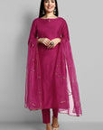 Hot Pink key hole boat neck kurta paired with elasticated pants and an organza dupatta - a stylish set of three for a sophisticated and coordinated look