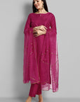Hot Pink key hole boat neck kurta paired with elasticated pants and an organza dupatta - a stylish set of three for a sophisticated and coordinated look