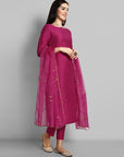 Hot Pink key hole boat neck kurta paired with elasticated pants and an organza dupatta - a stylish set of three for a sophisticated and coordinated look