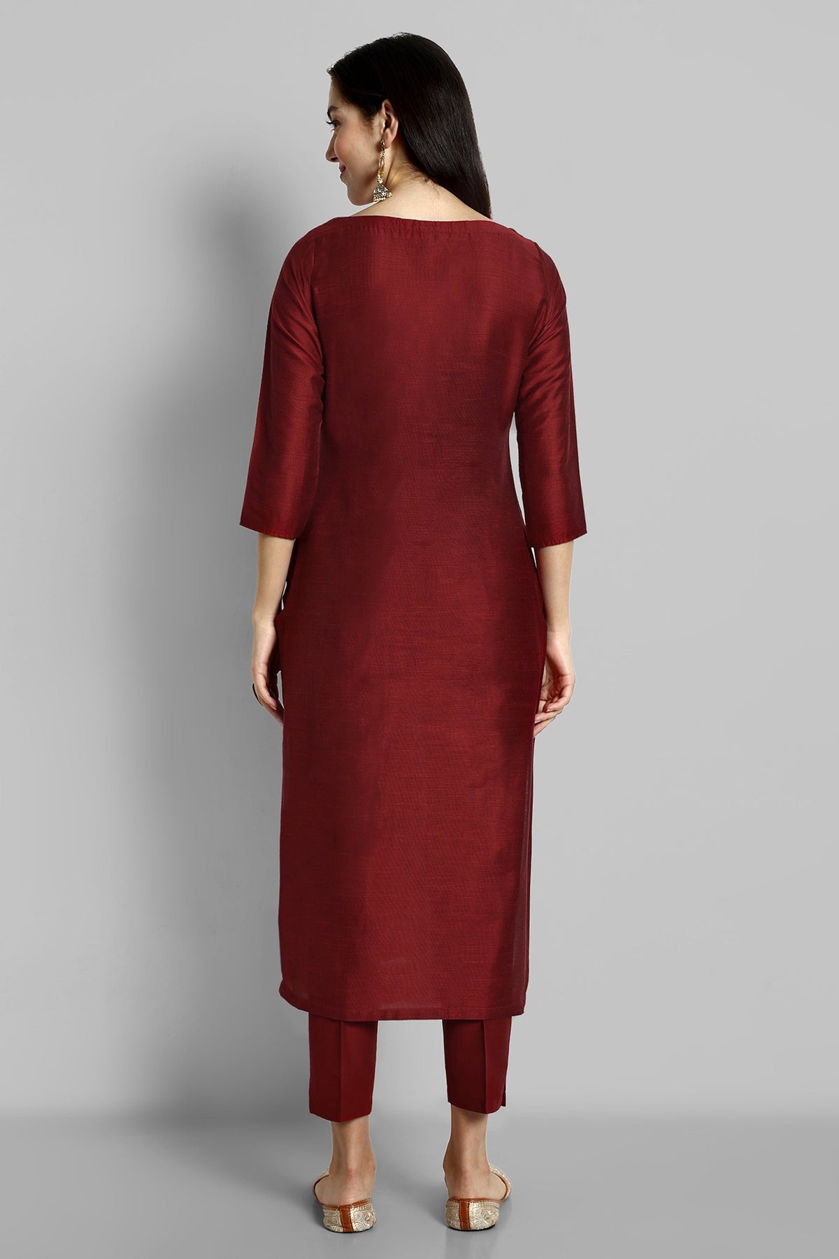 Maroon Boat Neck Kurta with Elasticated Pant - Set of 2