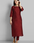 Maroon Boat Neck Kurta with Elasticated Pant - Set of 2