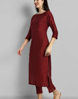 Maroon Boat Neck Kurta with Elasticated Pant - Set of 2