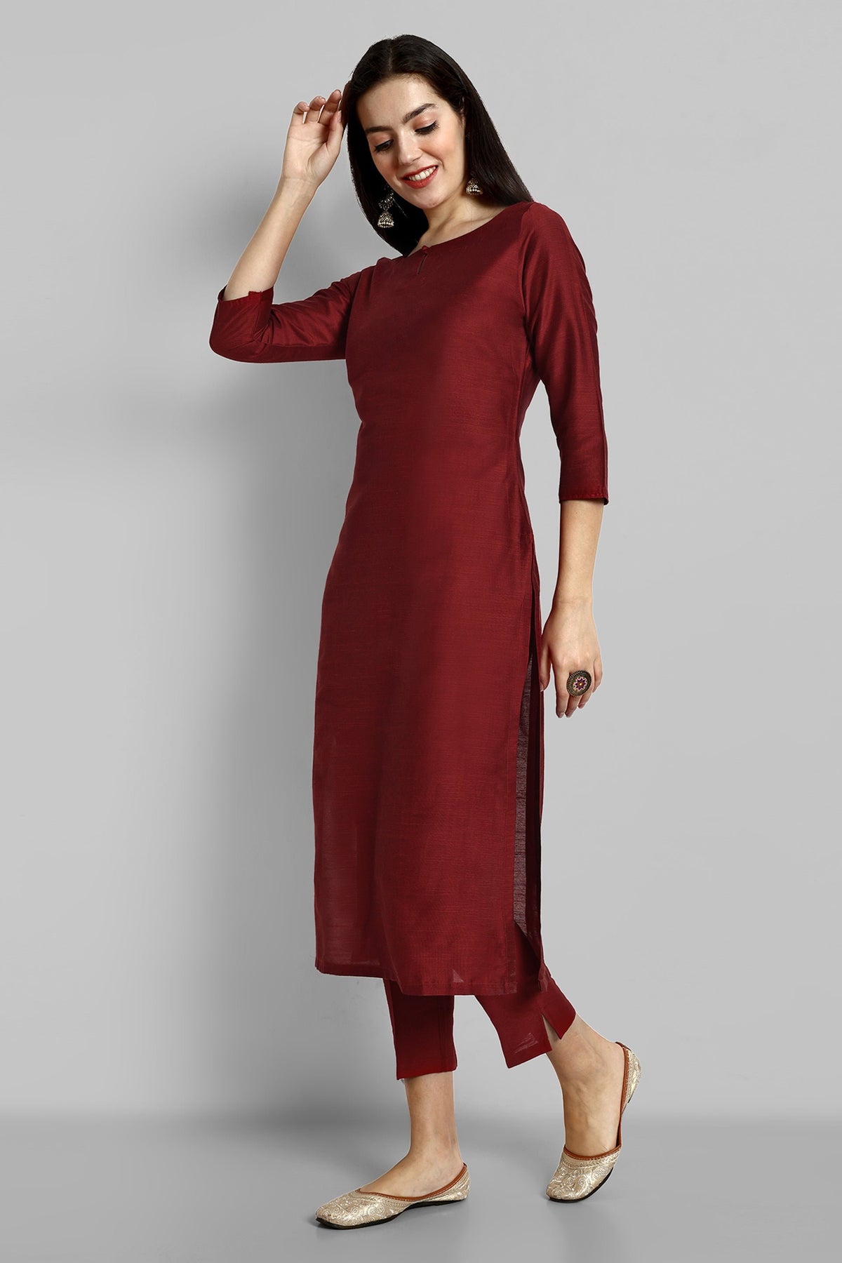 Maroon Boat Neck Kurta with Elasticated Pant - Set of 2
