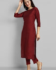 Maroon Boat Neck Kurta with Elasticated Pant - Set of 2