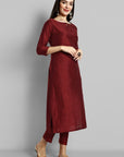 Maroon Boat Neck Kurta with Elasticated Pant - Set of 2