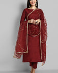 Maroon boat neck kurta paired with elasticated pants and an organza dupatta - a stylish set of three for a sophisticated and coordinated look