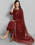 Maroon boat neck kurta paired with elasticated pants and an organza dupatta - a stylish set of three for a sophisticated and coordinated look