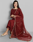 Maroon boat neck kurta paired with elasticated pants and an organza dupatta - a stylish set of three for a sophisticated and coordinated look