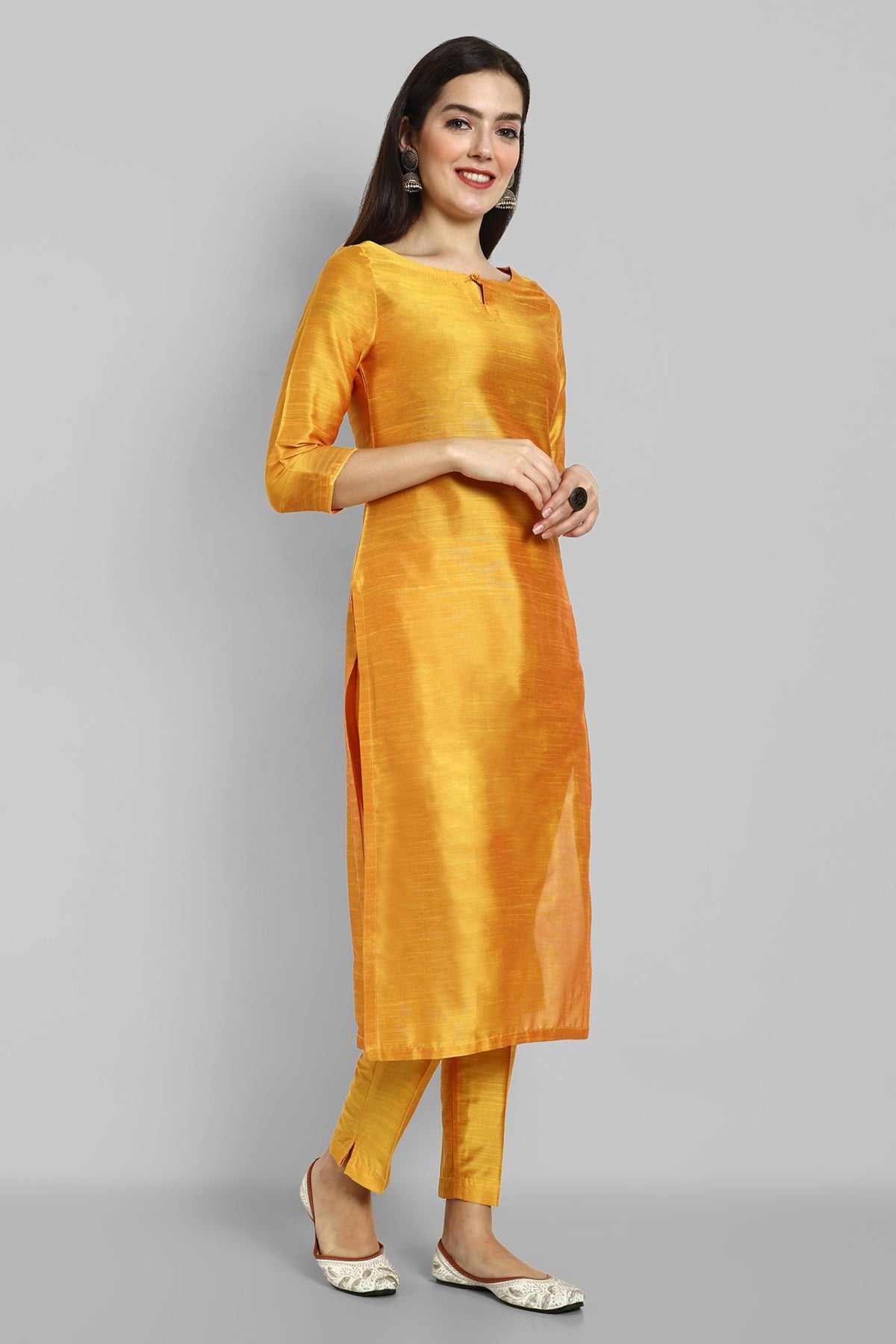 Mustard Boat Neck Kurta with Elasticated Pant - Set of 2