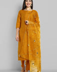 Mustard key hole boat neck kurta paired with elasticated pants and an organza dupatta - a stylish set of three for a sophisticated and coordinated look