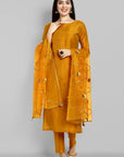Mustard key hole boat neck kurta paired with elasticated pants and an organza dupatta - a stylish set of three for a sophisticated and coordinated look