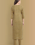 Mustard Mosaic Ajrak Boat Neck Kurta, Straight Pant with Dupatta - Set of 3