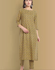 Mustard Mosaic Ajrak Boat Neck Kurta, Straight Pant with Dupatta - Set of 3