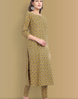 Mustard Mosaic Ajrak Boat Neck Kurta, Straight Pant with Dupatta - Set of 3