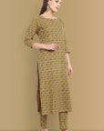 Mustard Mosaic Ajrak Boat Neck Kurta, Straight Pant with Dupatta - Set of 3