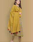 Mustard Mosaic Ajrak Boat Neck Kurta, Straight Pant with Dupatta - Set of 3