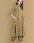 Mustard Mosaic Ajrak A Line Kurta with Harem Pant - Set of 2