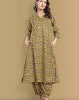 Mustard Mosaic Ajrak A Line Kurta with Harem Pant - Set of 2