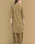 Mustard Mosaic Ajrak Short Asymmetrical Kurta with Harem Pant - Set of 2