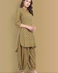 Mustard Mosaic Ajrak Short Asymmetrical Kurta with Harem Pant - Set of 2