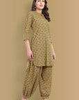 Mustard Mosaic Ajrak Short Asymmetrical Kurta with Harem Pant - Set of 2