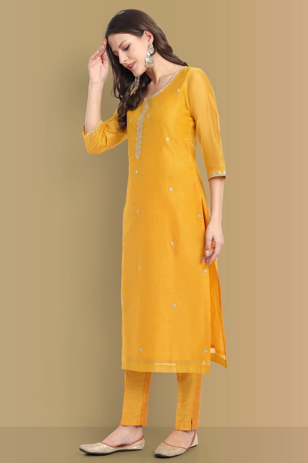 Yellow Haldi Chanderi Suit with Dupatta - Set of 3