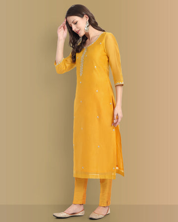 Yellow Haldi Chanderi Kurta and pant Set of 2