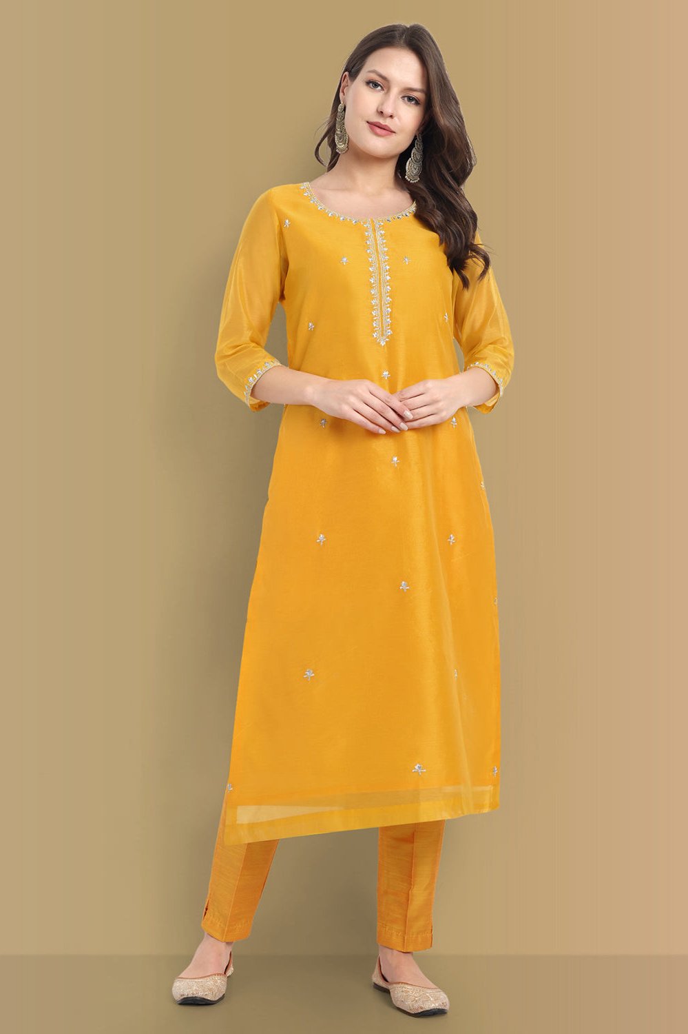 Yellow Haldi Chanderi Suit with Dupatta - Set of 3