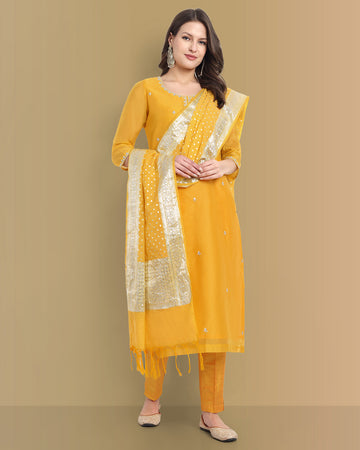 Yellow Haldi Chanderi Suit with dupatta Set of 3