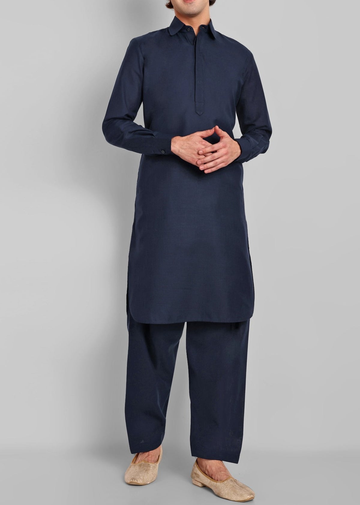 Navy Blue Cotton-Linen Pathani Suit