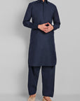 Navy Blue Cotton-Linen Pathani Suit