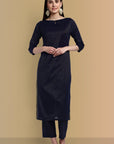 Midnight Blue Side Embriodery Kurta with Elasticated Pant - Set of 2