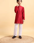 Elegant Deep Red Embroidered Cotton Silk Kurta & Pajama Set for Boys