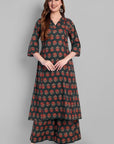 V Neck A Line Green Ajrak Kurta and Pant