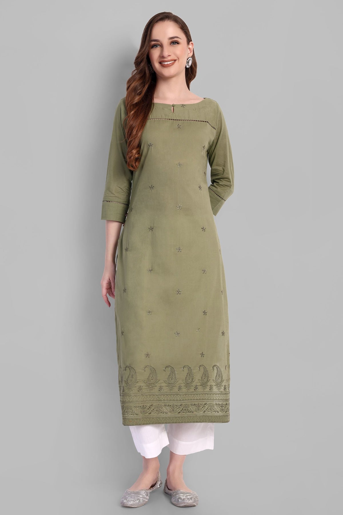 Khaki Mul Long Chikankari Kurta and Pant - Set of 2