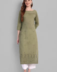 Khaki Mul Long Chikankari Kurta and Pant - Set of 2