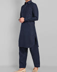 Navy Blue Cotton-Linen Pathani Suit
