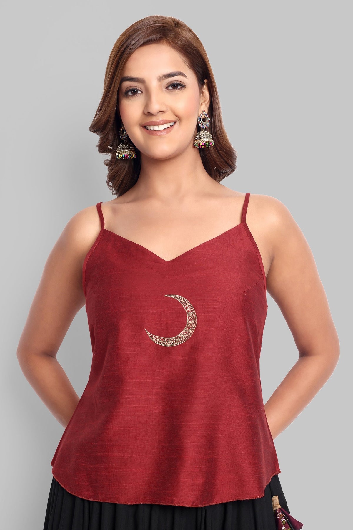 Deep Red Cotton Silk Embroidery Top