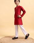 Elegant Deep Red Embroidered Cotton Silk Kurta & Pajama Set for Boys