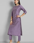 Mauve Boat Neck Kurta with Elasticated Pant - Set of 2