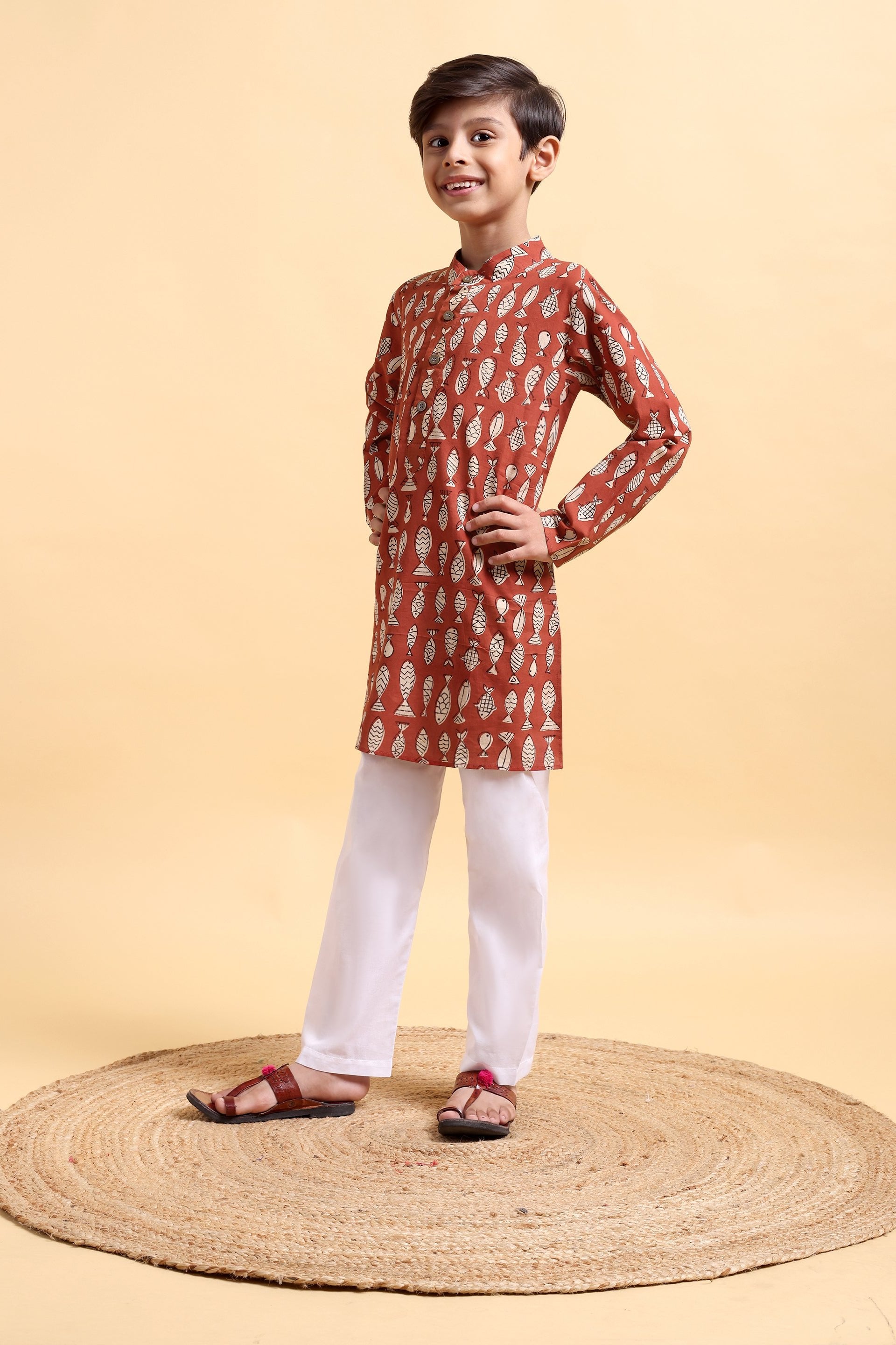 Boys Ajrak Red Print Cotton Kurta Pajama - Main Image