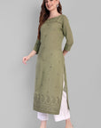 Khaki Mul Long Chikankari Kurta and Pant - Set of 2