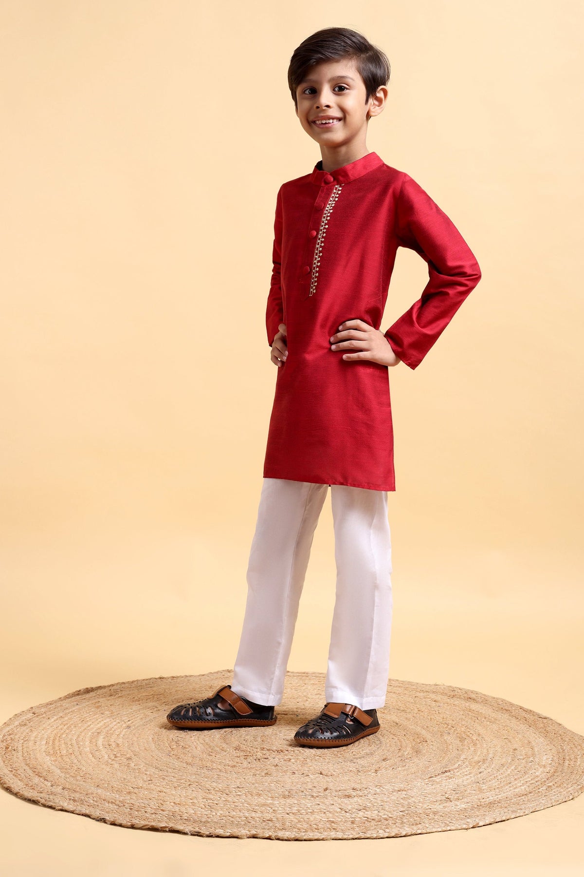 Deep Red Embroidery Cotton Silk Kurta & Pajama Set