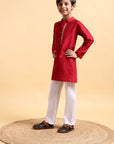 Deep Red Embroidery Cotton Silk Kurta & Pajama Set